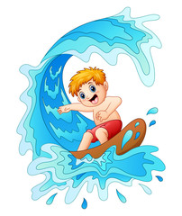 Obraz na płótnie Canvas Kids play surfing with big wave