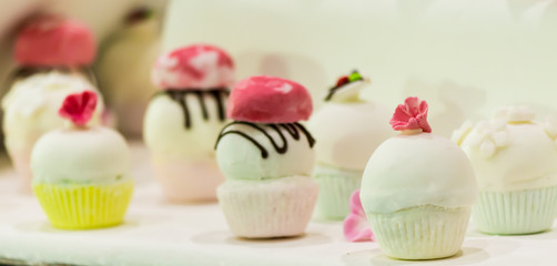 Sweet wedding cupcakes./ Sweet beauty and topping pastel color on wedding cake decoration.
