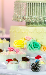 Sweet wedding cupcakes./ Sweet beauty and topping pastel color on wedding cake decoration.
