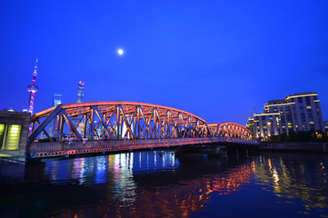 Fototapeta na wymiar Night traffic lights inside of the Garden Bridge of shanghai china.