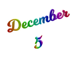 December 5 Date Of Month Calendar, Calligraphic 3D Rendered Text Illustration Colored With RGB Rainbow Gradient, Isolated On White Background
