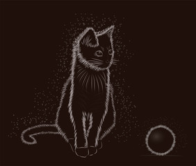 Little cat with ball, black and white, vector illustration