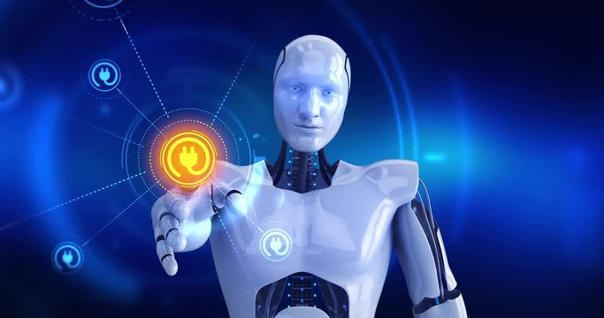 Humanoid robot touching on screen then electric plug symbols appears. 4K+ 3D animation concept.