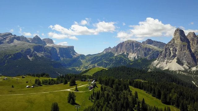 Dolomites, aerial view on Sella group, Gardena mountain pass and Gardenaccia massif. Alta Badia, Sud Tirol, Italy