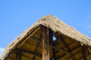 Fototapeta na wymiar The roof of the hut is made of grass blades that overlook the sky.