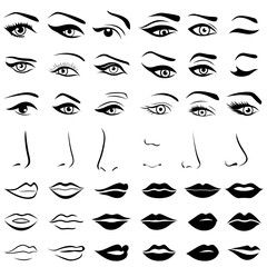 Set of human eyes, noses and lips - obrazy, fototapety, plakaty
