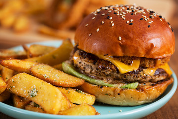 chicken burger with french fries for meal