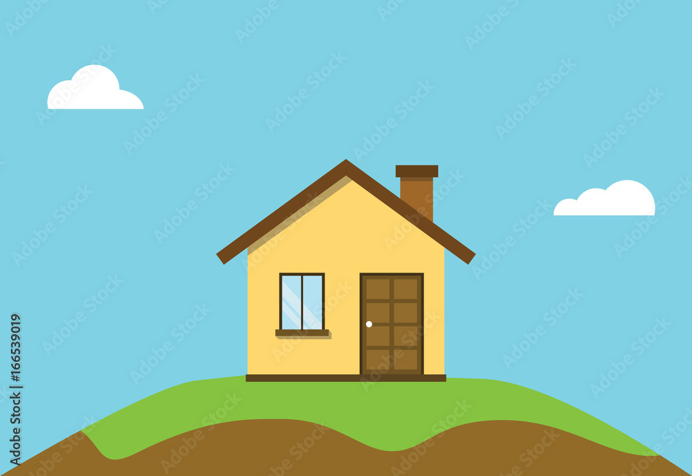 Wall mural small flat house on top off hill with blue sky background