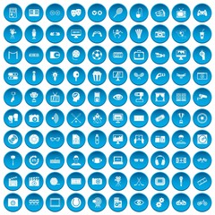 100 video icons set blue