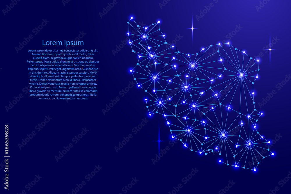 Poster iran map of polygonal mosaic lines network, rays and space stars of vector illustration.