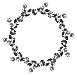 Black and white silhouette round frame with decorative flowers. Vector clip art.