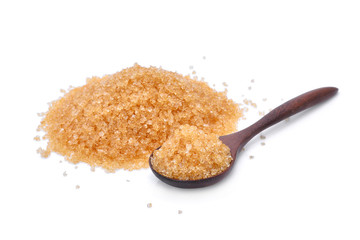 brown cane sugar in wooden spoon isolated on white background