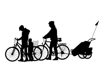 Obraz premium Family cycling with children. Detailed silhouette of woman, man and kid on bicycles with trailer. Urban commute touring. Active recreation lifestyle. Vector design illustration.