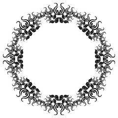 Black and white silhouette round frame with decorative flowers. Vector clip art.