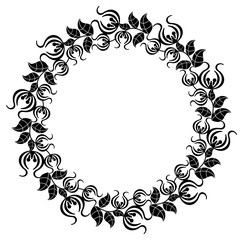 Black and white silhouette round frame with decorative flowers. Vector clip art.