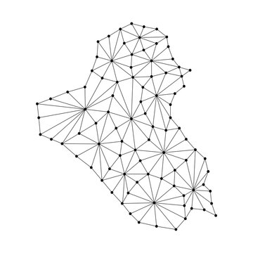 Iraq map of polygonal mosaic lines network, rays and dots vector illustration.
