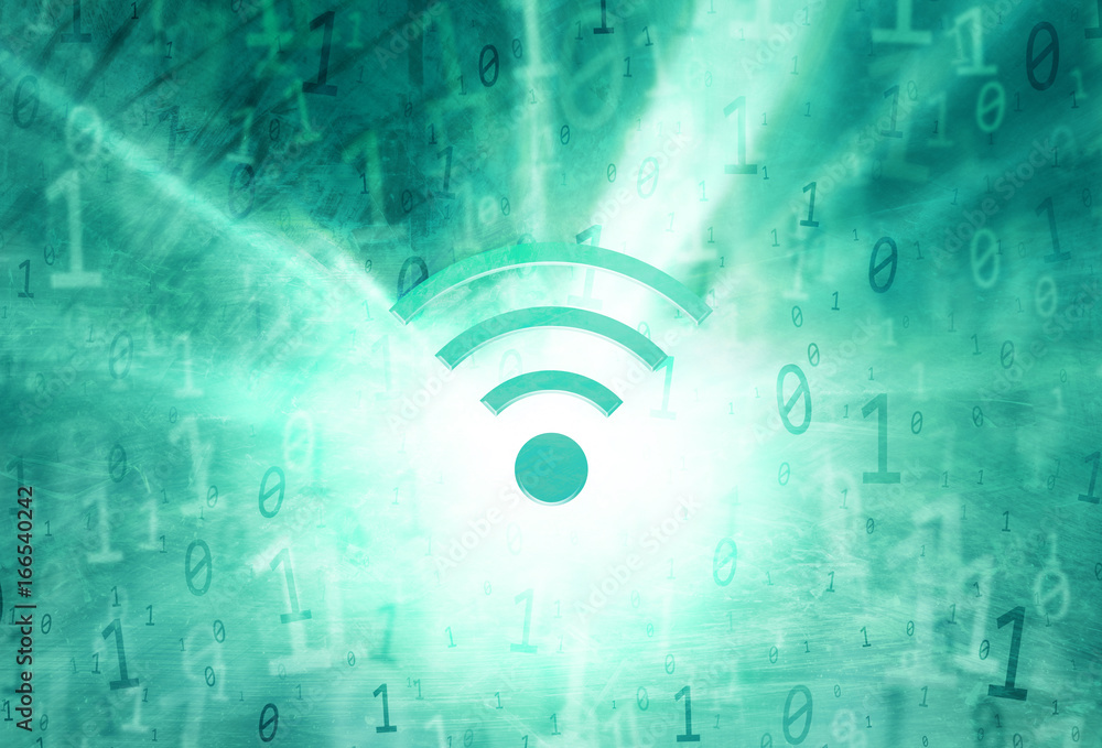 Poster concept wireless symbol on the green blue grunge textured illustration with binary numbers data back