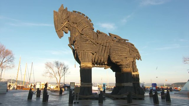 The monument of wooden trojan horse in the city center of Canakkale.