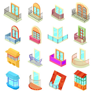 Balcony Window Forms Icons Set, Isometric Style