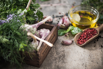Fresh herbs and spices in wooden box