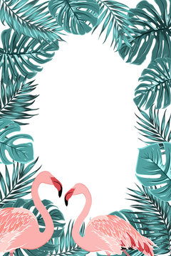 Exotic tropical border frame template. Blue green turquoise jungle palm tree leaves foliage. Pink flamingo birds couple. Vertical portrait layout. Placeholder for text in the middle.