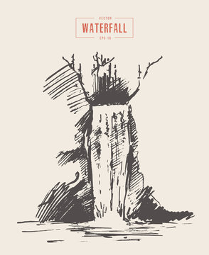 Vintage illustration of beautiful waterfall drawn