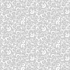 Seamless elegant floral background with roses, rosebuds and swirls, shades of gray, no gradients, easy to recolor
