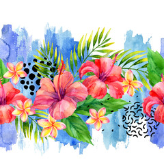 Fototapeta na wymiar Hand painted artwork: watercolor tropical leaves and flowers on brush strokes background