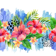 Foto op Canvas Hand painted artwork: watercolor tropical leaves and flowers on brush strokes background © Tanya Syrytsyna