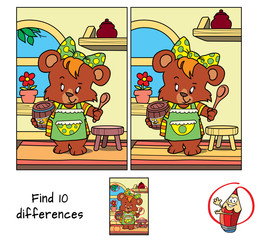 Fototapeta premium Little bear girl in apron with a barrel of honey and a spoon. Find 10 differences. Educational game for children. Cartoon vector illustration
