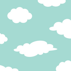 White cloud set on the sky. Fluffy clouds. Cute cartoon cloudscape. Cloudy weather sign symbols. Flat design Decoration element. Blue background.