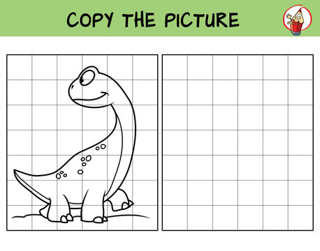 Funny dinosaur. Copy the picture. Coloring book. Educational game for children. Cartoon vector illustration