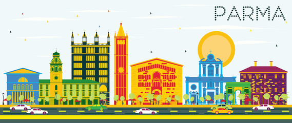 Obraz premium Parma Skyline with Color Buildings and Blue Sky.