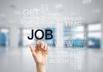 Concept of modern business with palm choocing on of keywords for success