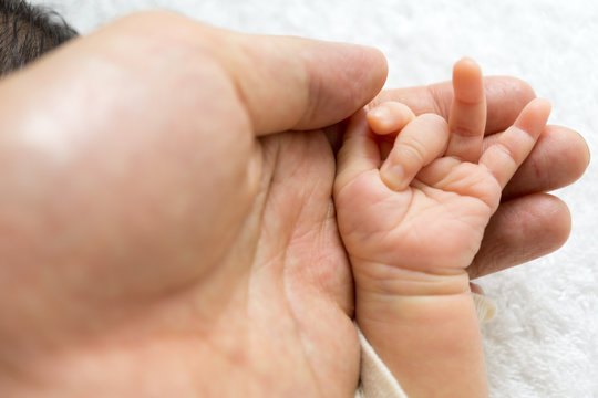 Newborn baby touching his father hand、