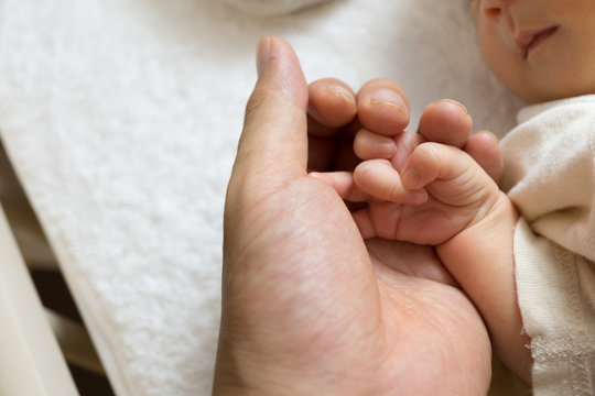 Newborn baby touching his father hand、