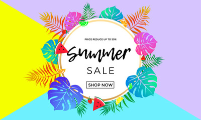 Summer sale price reduce shopping vector palm leaf fruit banner