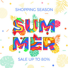 Summer sale shopping discount shopping vector palm leaf papercut text poster