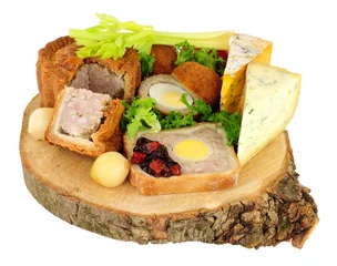 Zelfklevend Fotobehang Traditional ploughman's buffet lunch ingredients isolated on a white background © philip kinsey