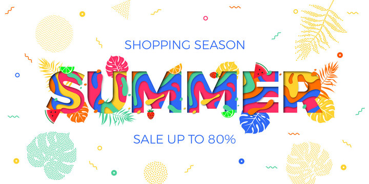Summer sale shopping discount vector palm leaf papercut text web banner