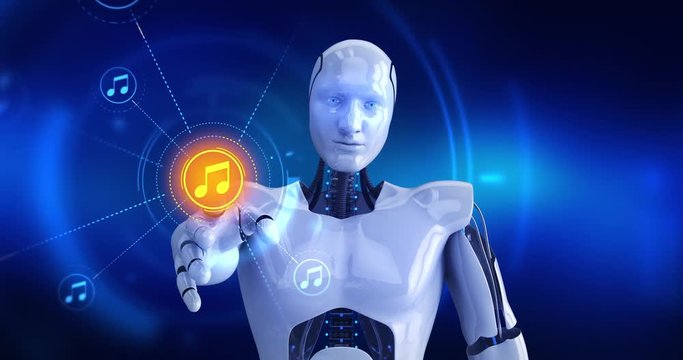Humanoid robot touching on screen then musical note symbols appears. 4K+ 3D animation concept.