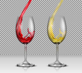 Set of vector illustrations of transparent glass wine glasses with white and red wine pouring in them, isolated. Print, template, design element