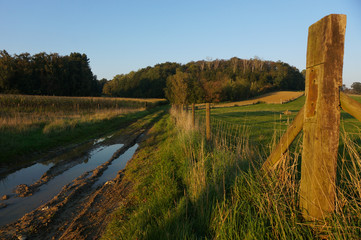 Agricultural landscape in autumn sunset with water reflections of blue sky