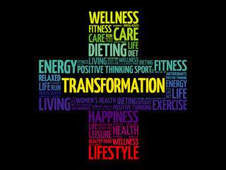 TRANSFORMATION word cloud collage, health cross concept