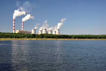 Smoking Chimney power plants . Bełchatów, Poland. - obrazy, fototapety, plakaty