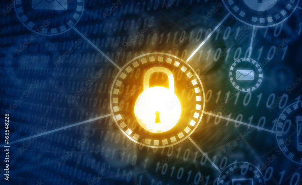 Poster global cyber security concept. pad lock on digital background