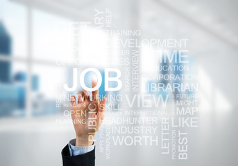 Concept of modern business with palm choocing on of keywords for success