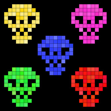 Colors pixel skulls on black screen. Pixel art background. Retro video games icons set. 