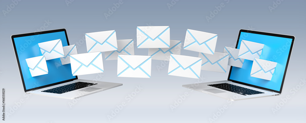 Poster digital e-mails flying through devices screens 3d rendering