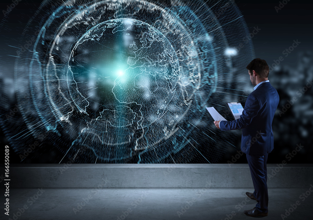 Poster businessman watching digital planet earth interface on a rooftop 3d rendering